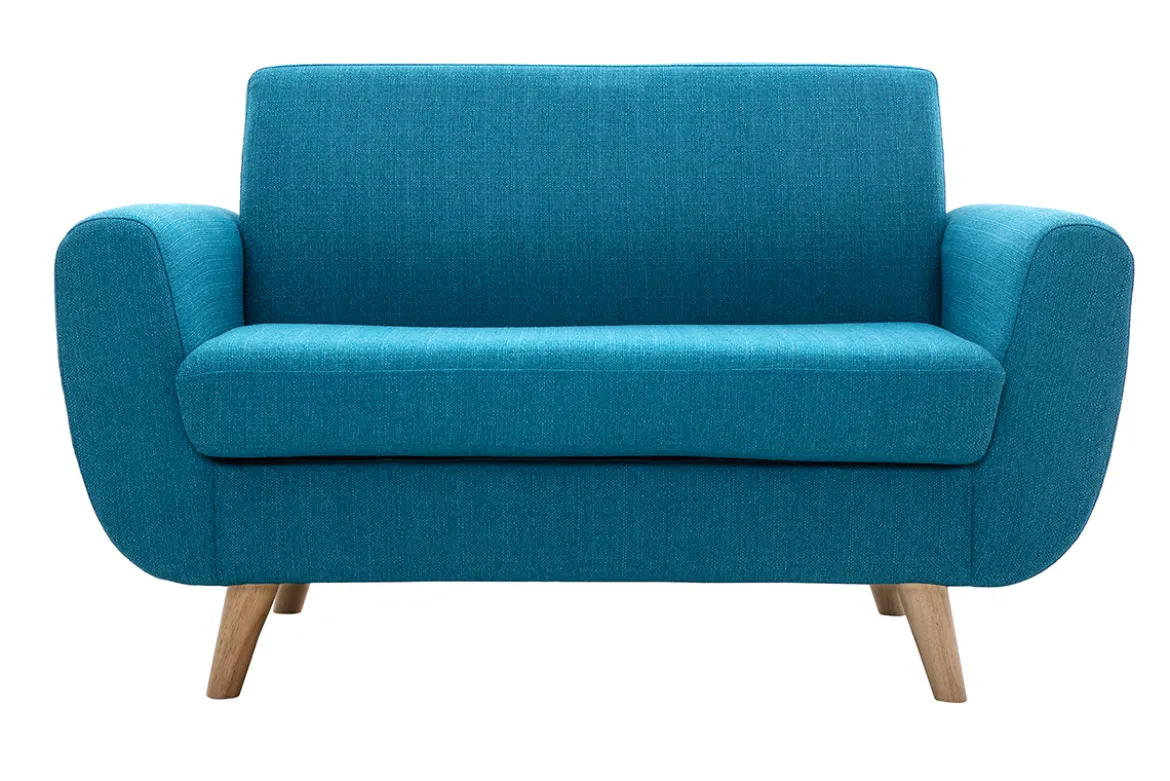 Canapé scandinave 2 places en tissu bleu canard et bois clair PURE