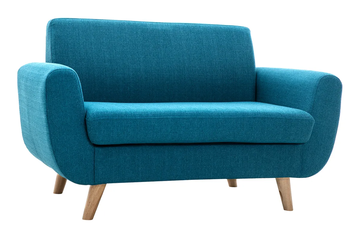 Canapé scandinave 2 places en tissu bleu canard et bois clair PURE