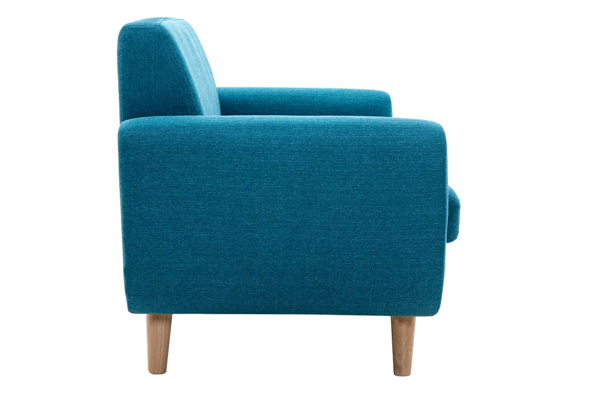 Canapé scandinave 2 places en tissu bleu canard et bois clair PURE
