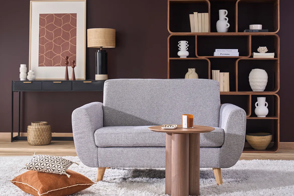 Canapé scandinave 2 places en tissu bleu canard et bois clair PURE