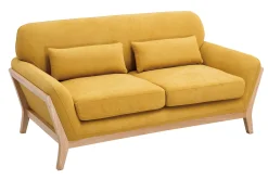 Canapé scandinave 2 places en tissu effet velours jaune moutarde et bois clair YOKO