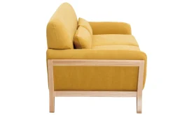 Canapé scandinave 2 places en tissu effet velours jaune moutarde et bois clair YOKO