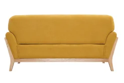 Canapé scandinave 2 places en tissu effet velours jaune moutarde et bois clair YOKO