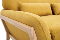 Canapé scandinave 2 places en tissu effet velours jaune moutarde et bois clair YOKO