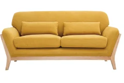 Canapé scandinave 2 places en tissu effet velours jaune moutarde et bois clair YOKO