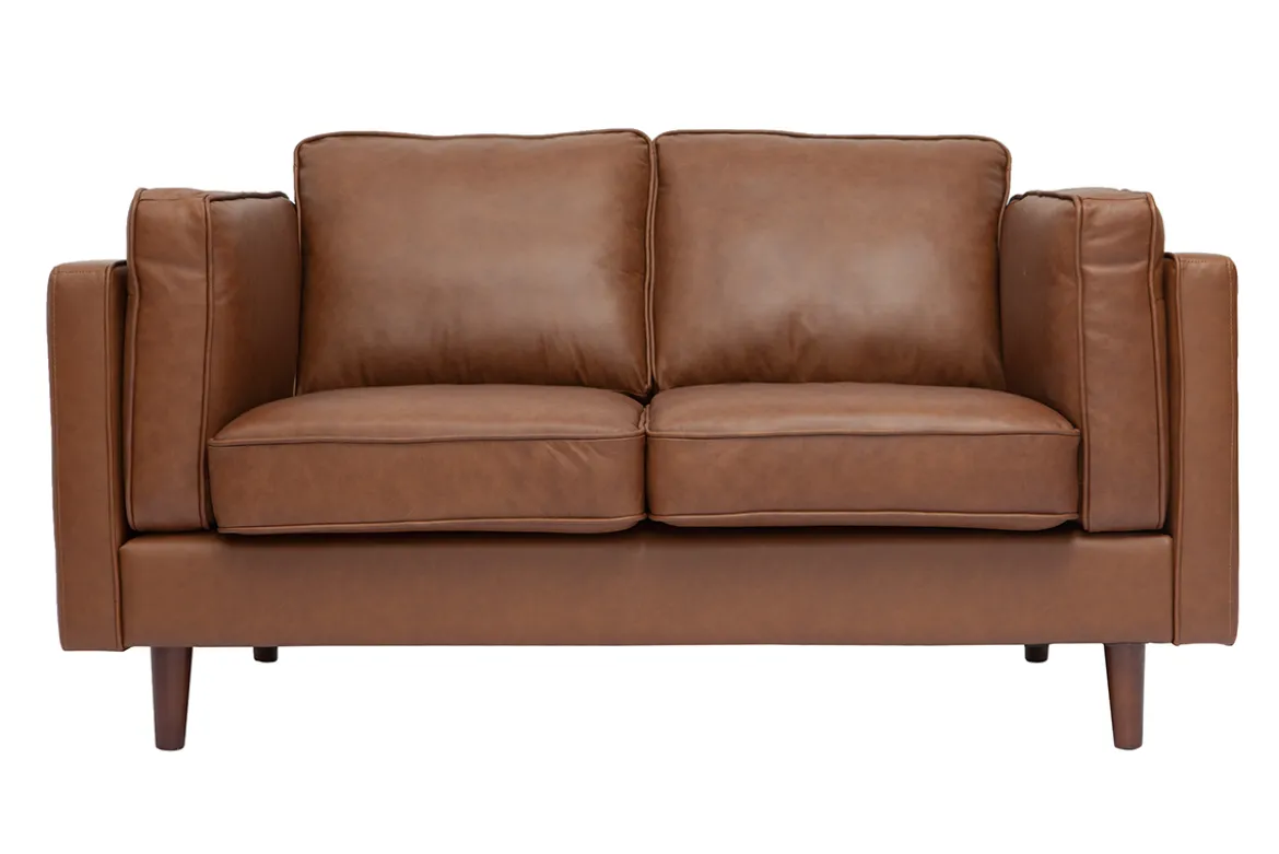 Canapé vintage 2 places cuir marron et bois foncé BRADLEY