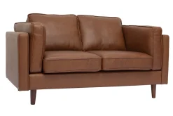 Canapé vintage 2 places cuir marron et bois foncé BRADLEY