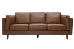 Canapé vintage 3 places cuir marron et bois foncé BRADLEY