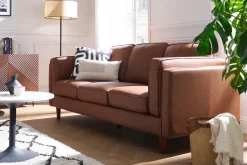 Canapé vintage 3 places cuir marron et bois foncé BRADLEY
