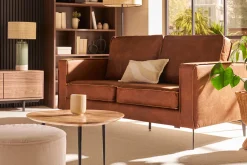 Canapé vintage 3 places cuir marron cognac aspect vieilli et métal noir SONNY