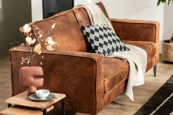 Canapé vintage 3 places cuir marron cognac aspect vieilli et métal noir SONNY
