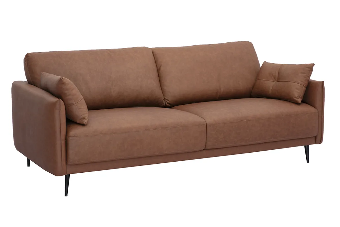 Canapé vintage 3 places cuir marron et bois foncé DAVEN