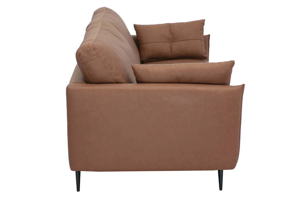 Canapé vintage 3 places cuir marron et bois foncé DAVEN