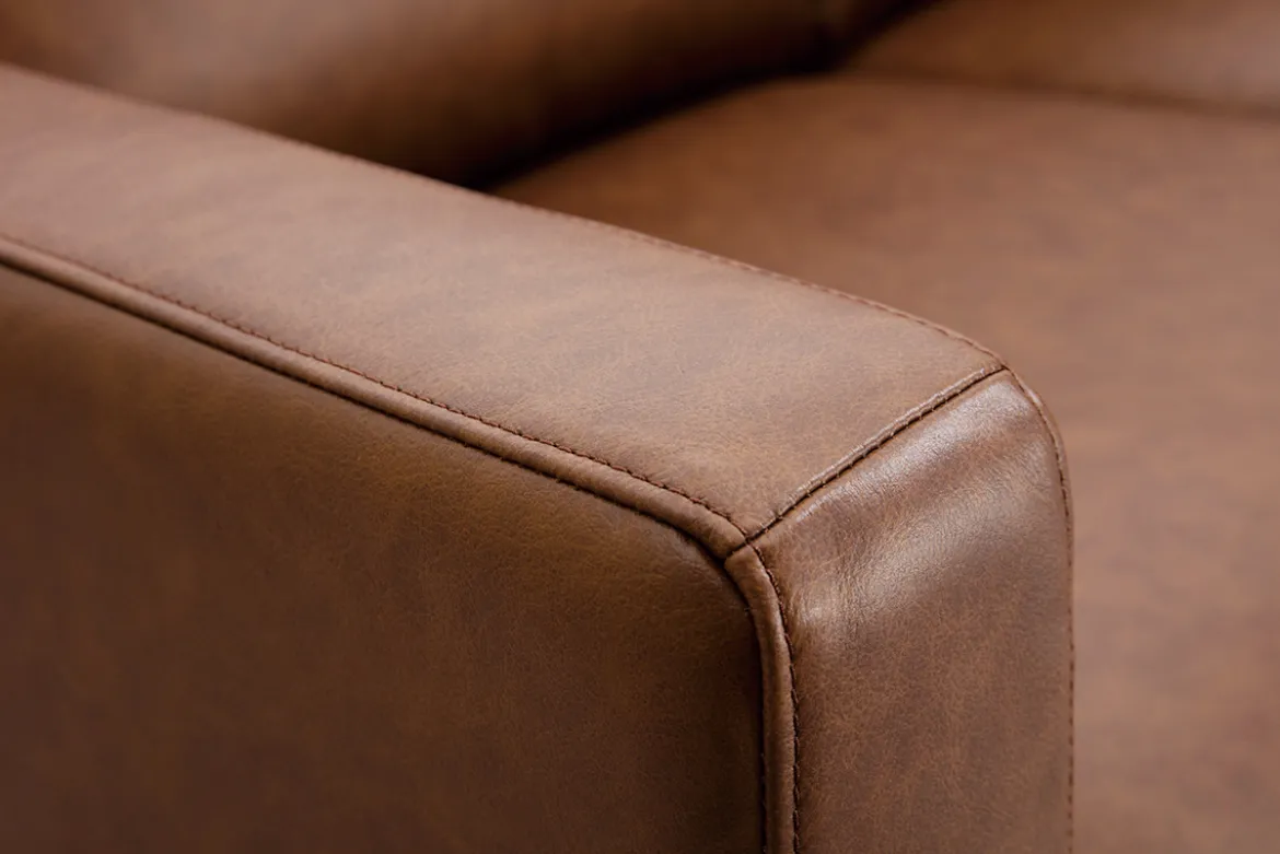 Canapé vintage 3 places cuir marron et bois noir OXMO