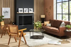 Canapé vintage 3 places cuir marron et bois noir OXMO