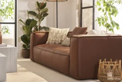 Canapé vintage 3 places cuir marron et bois noir COBAIN