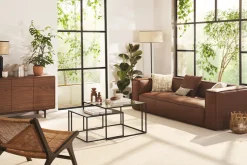 Canapé vintage 3 places cuir marron et bois noir COBAIN