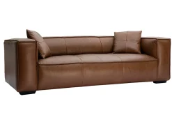 Canapé vintage 3 places cuir marron et bois noir COBAIN