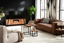 Canapé vintage 3 places cuir marron et bois noir COBAIN