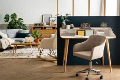 Chaise de bureau capitonnée à roulettes en tissu effet velours texturé vert de gris et métal chromé BALTIK
