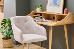 Chaise de bureau capitonnée à roulettes en tissu effet velours texturé beige et métal noir BALTIK