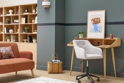 Chaise de bureau capitonnée à roulettes en tissu effet velours texturé beige et métal noir BALTIK