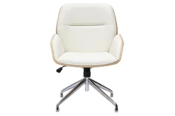 Chaise de bureau design pivotante 360° blanche, bois clair et métal chromé MARLOW