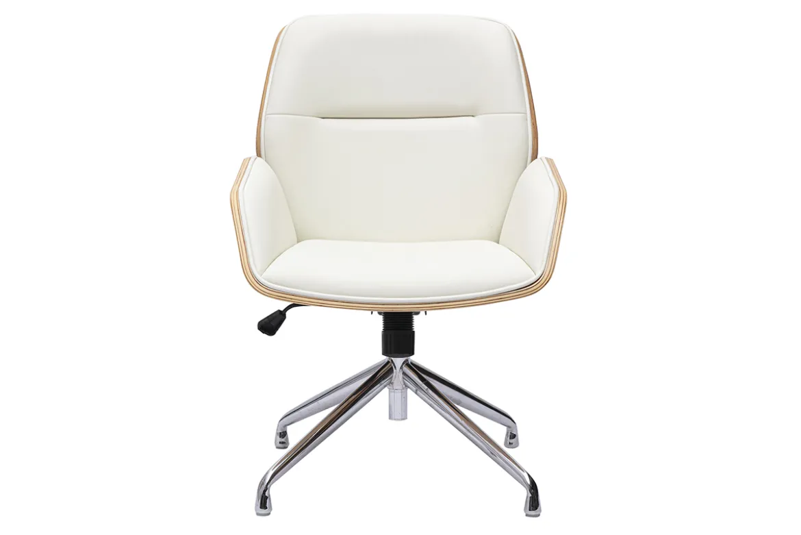 Chaise de bureau design pivotante 360° blanche, bois clair et métal chromé MARLOW