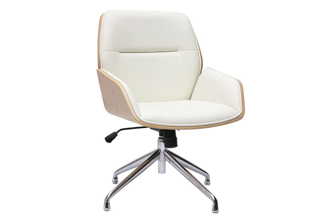 Chaise de bureau design pivotante 360° blanche, bois clair et métal chromé MARLOW