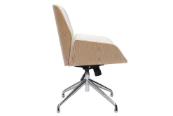 Chaise de bureau design pivotante 360° blanche, bois clair et métal chromé MARLOW