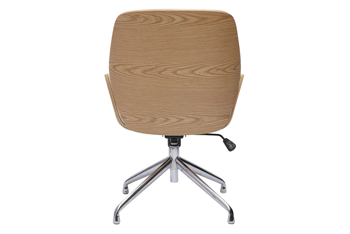 Chaise de bureau design pivotante 360° blanche, bois clair et métal chromé MARLOW