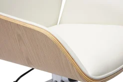 Chaise de bureau design pivotante 360° blanche, bois clair et métal chromé MARLOW