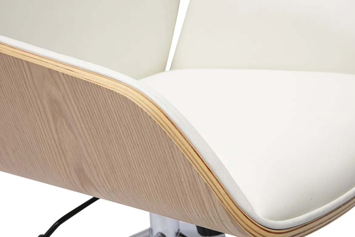 Chaise de bureau design pivotante 360° blanche, bois clair et métal chromé MARLOW