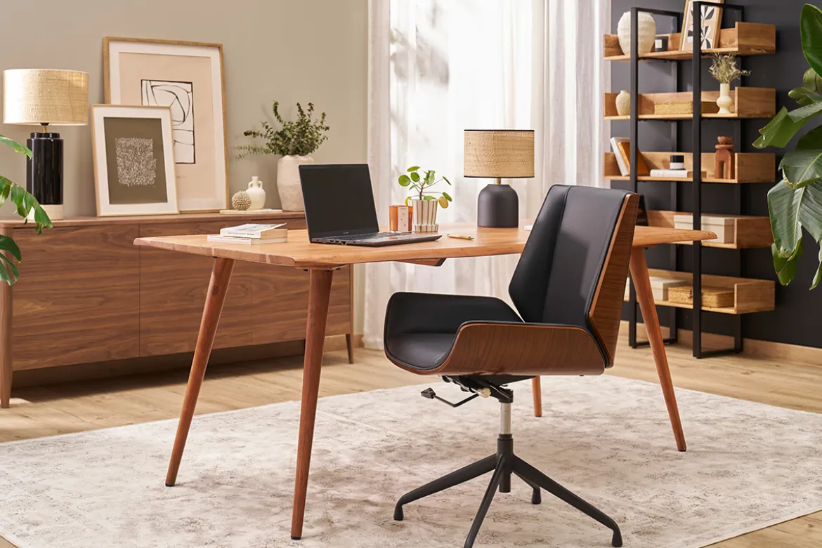 Chaise de bureau design pivotante 360° noir, bois foncé noyer et métal noir CURVED
