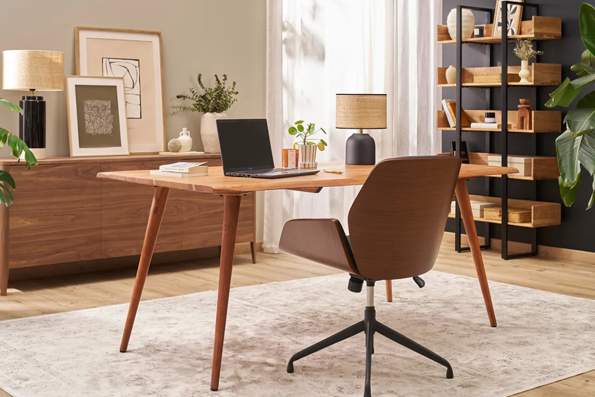 Chaise de bureau design pivotante 360° noir, bois foncé noyer et métal noir CURVED