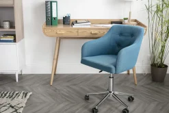 Chaise de bureau à roulettes capitonnée en tissu bleu canard et acier chromé BALTIK
