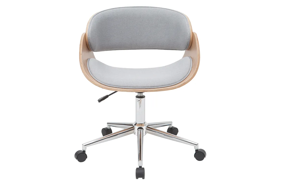 Chaise de bureau à roulettes design en tissu gris, bois clair et acier chromé BENT