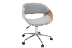 Chaise de bureau à roulettes design en tissu gris, bois clair et acier chromé BENT
