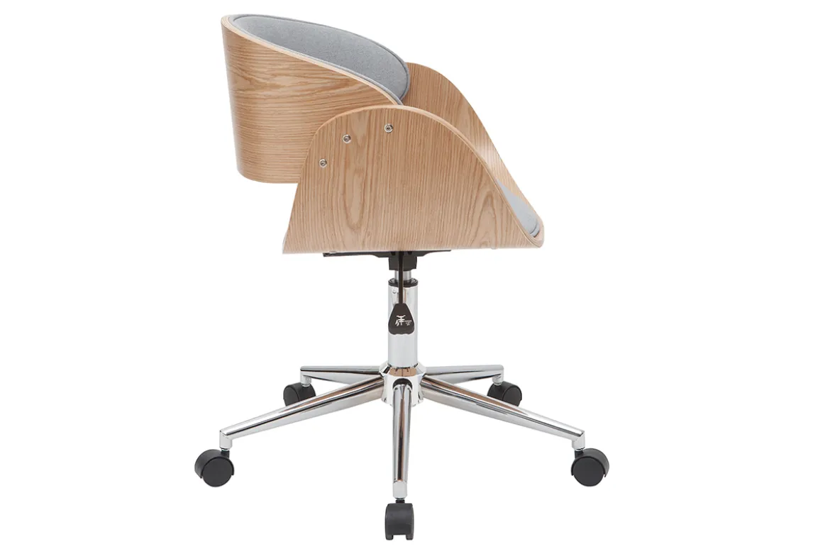 Chaise de bureau à roulettes design en tissu gris, bois clair et acier chromé BENT