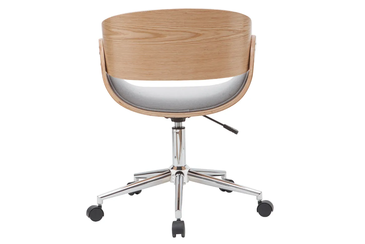 Chaise de bureau à roulettes design en tissu gris, bois clair et acier chromé BENT