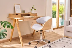 Chaise de bureau à roulettes design en tissu gris, bois clair et acier chromé BENT
