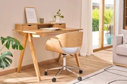 Chaise de bureau à roulettes design en tissu gris, bois clair et acier chromé BENT