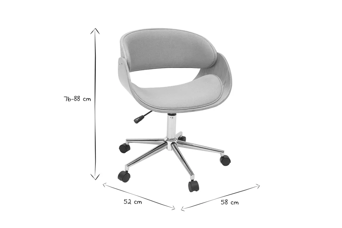 Chaise de bureau à roulettes design en tissu gris, bois clair et acier chromé BENT