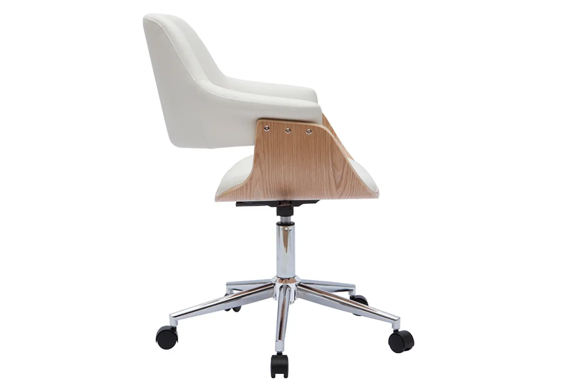 Chaise de bureau à roulettes design blanc, bois clair et acier chromé HANSEN
