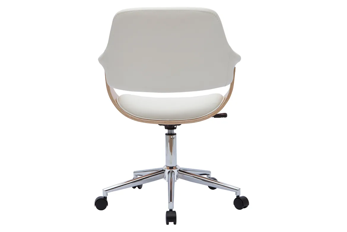 Chaise de bureau à roulettes design blanc, bois clair et acier chromé HANSEN