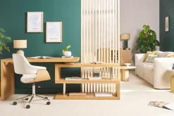 Chaise de bureau à roulettes design blanc, bois clair et acier chromé HANSEN