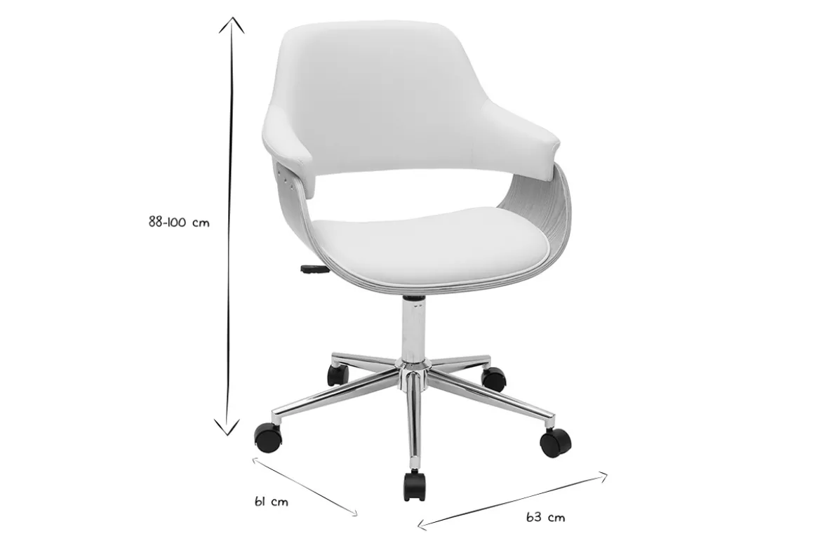 Chaise de bureau à roulettes design blanc, bois clair et acier chromé HANSEN