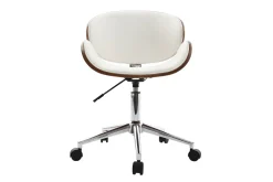 Chaise de bureau à roulettes design blanc, bois foncé noyer et acier chromé WALNUT