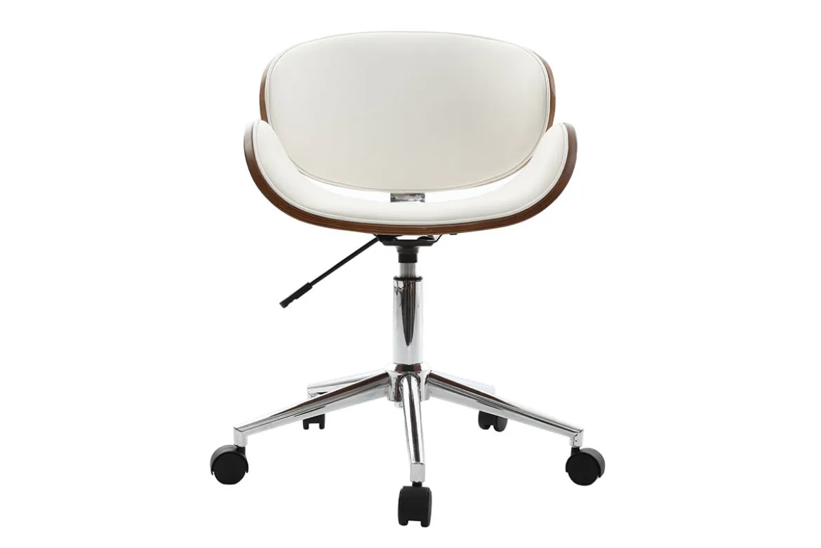Chaise de bureau à roulettes design blanc, bois foncé noyer et acier chromé WALNUT