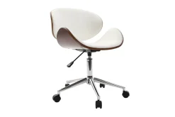 Chaise de bureau à roulettes design blanc, bois foncé noyer et acier chromé WALNUT